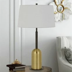 30" Metal Rimini Desk Lamp with Linen Drum Shade Black/Antique Brass - Cal Lighting