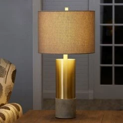 25" Nicole Golden Cylinder Silverwood Table Lamp with Cement Base (Includes CFL Light Bulb) Gold - Decor Therapy