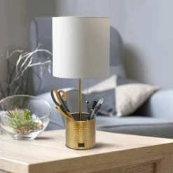 Hammered Metal Organizer Table Lamp with USB Charging Port and Fabric Shade - Simple Designs White -Desk Lamps sales shop unnamed file 2422