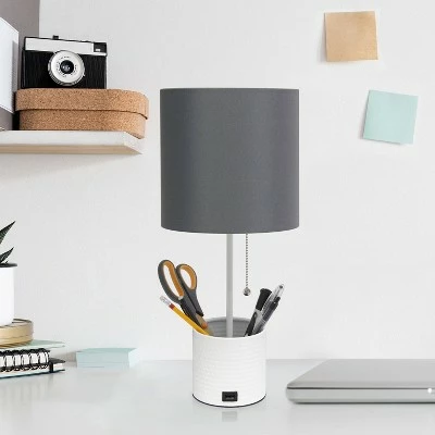 Hammered Metal Organizer Table Lamp with USB Charging Port and Fabric Shade White/Gray - Simple Designs 2 Hammered Metal Organizer Table Lamp with USB Charging Port and Fabric Shade White/Gray - Simple Designs - Image 2