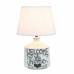 Welcome Home Rustic Ceramic Foyer Entryway Accent Table Lamp with Fabric Shade White - Simple Designs