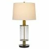 31" Morrilton Glass and Metal Table Lamp with Wood Poles Hardback Fabric Drum Shade Antique Brass - Cal Lighting