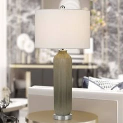 31" Catalina Glass Table Lamp with Drum Hardback Fabric Shade Warm Gray - Cal Lighting