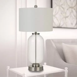 34" Sycamore Glass Table Lamp with Drum Shade Brushed Steel - Cal Lighting
