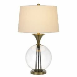 30.5 " Glass and Metal Table Lamp with Hardback Taper Drum Linen Shade Antique Brass - Cal Lighting