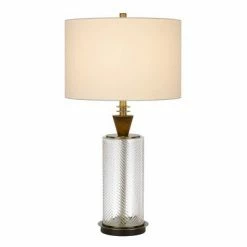 30.25" Sherwood Glass and Metal Table Lamp with Wood Font Hardback Fabric Drum Shade Dark Bronze - Cal Lighting