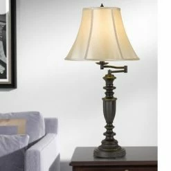 30' 3-way Mayo Aluminum Casted Swing Arm Table Lamp with Softback Faux Silk Shade Dark Bronze - Cal Lighting
