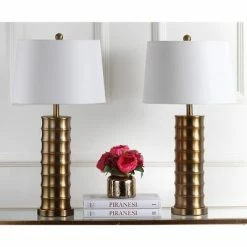 (Set of 2) 28.5" Linus Column Table Lamp Gold (Includes CFL Light Bulb) - Safavieh