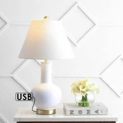 JONATHAN Y 27" Ceramic/Iron Han Contemporary USB Charging Table Lamp (Includes LED Light Bulb) White/Brass - JONATHAN Y