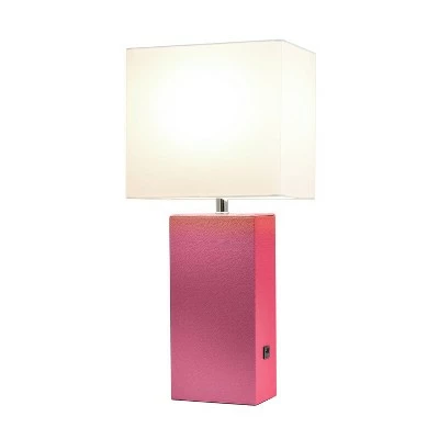 Modern Leather Table Lamp with USB and Fabric Shade Hot Pink - Elegant Designs 1 Modern Leather Table Lamp with USB and Fabric Shade Hot Pink - Elegant Designs