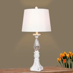 Distressed, Filigree Candlestick Mercury Glass Table Lamp Antique White - Fangio Lighting