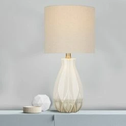 19" Textured Ceramic Accent Table Lamp with Linen Shade (Includes LED Light Bulb) White - Cresswell Lighting -Desk Lamps sales shop unnamed file 4015