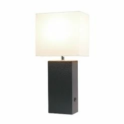 Modern Leather Table Lamp with USB and Fabric Shade Espresso Brown - Elegant Designs