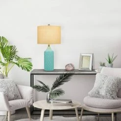 26.5" Quilted Ceramic Table Lamp with Natural Linen Drum Shade Aqua Blue - Cresswell Lighting -Desk Lamps sales shop unnamed file 4109