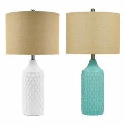 26.5" Quilted Ceramic Table Lamp with Natural Linen Drum Shade Aqua Blue - Cresswell Lighting -Desk Lamps sales shop unnamed file 4110