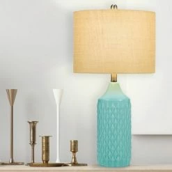 26.5" Quilted Ceramic Table Lamp with Natural Linen Drum Shade Aqua Blue - Cresswell Lighting -Desk Lamps sales shop unnamed file 4112