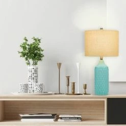 26.5" Quilted Ceramic Table Lamp with Natural Linen Drum Shade Aqua Blue - Cresswell Lighting -Desk Lamps sales shop unnamed file 4113