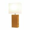 Modern Leather Table Lamp with USB and Fabric Shade Tan - Elegant Designs
