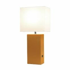 Modern Leather Table Lamp with USB and Fabric Shade Tan - Elegant Designs