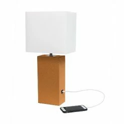 Modern Leather Table Lamp with USB and Fabric Shade Tan - Elegant Designs -Desk Lamps sales shop unnamed file 4166