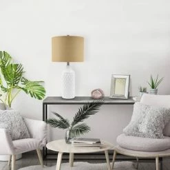 26.5" Geometric Ceramic Table Lamp with Linen Shade White - Cresswell Lighting -Desk Lamps sales shop unnamed file 4202