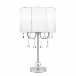 23" Chandelier Table Lamp with Dazzling Clear Beads/Organza Pleated Shade Silver - Cresswell Lighting