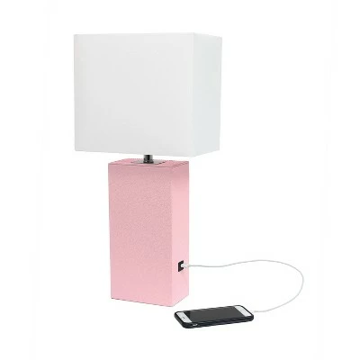 Modern Leather Table Lamp with USB and Fabric Shade Pink - Elegant Designs 2 Modern Leather Table Lamp with USB and Fabric Shade Pink - Elegant Designs - Image 2