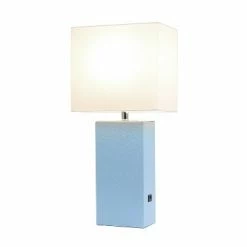 Modern Leather Table Lamp with USB and Fabric Shade Periwinkle - Elegant Designs