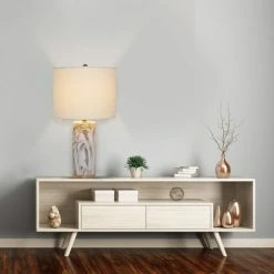 24.5" Pillar Marble Table Lamp with Accents White - Cresswell Lighting -Desk Lamps sales shop unnamed file 4311