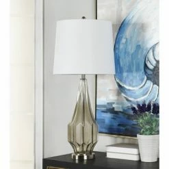 Nelson Geometric Glass Table Lamp with Tapered Drum Shade Silver/Gray - StyleCraft