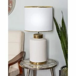 15" x 24" Large Contemporary Style Round Ceramic Table Lamp with Metallic Trim White/Gold - CosmoLiving by Cosmopolitan