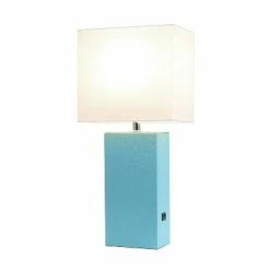 Modern Leather Table Lamp with USB and Fabric Shade Aqua - Elegant Designs