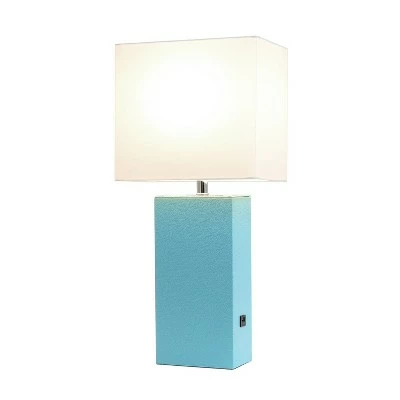 Modern Leather Table Lamp with USB and Fabric Shade Aqua - Elegant Designs 1 Modern Leather Table Lamp with USB and Fabric Shade Aqua - Elegant Designs