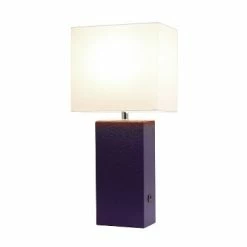 Modern Leather Table Lamp with USB and Fabric Shade Eggplant - Elegant Designs