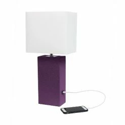 Modern Leather Table Lamp with USB and Fabric Shade Eggplant - Elegant Designs -Desk Lamps sales shop unnamed file 4731