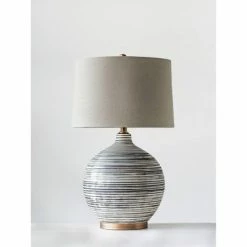 Textured Striped Ceramic Table Lamp with Linen Shade (Includes LED Light Bulb) Black/White/Gray - 3R Studios