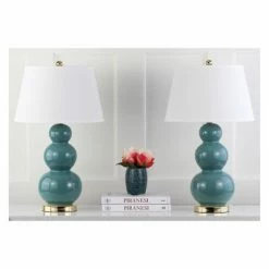 (Set of 2) 28" Pamela Triple Gourd Ceramic Lamp Marine Blue (Includes CFL Light Bulb) - Safavieh