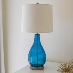 27.5" Emma Embossed Glass Table Lamp Indigo - Decor Therapy -Desk Lamps sales shop unnamed file 5343