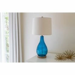 27.5" Emma Embossed Glass Table Lamp Indigo - Decor Therapy -Desk Lamps sales shop unnamed file 5345