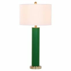 (Set of 2) 31.5" Ollie Faux Woven Leather Table Lamp (Includes CFL Light Bulb) Dark Green - Safavieh