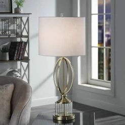 Transitional Satin Brass Double Ring Table Lamp with Glass Pedestal Gray - StyleCraft -Desk Lamps sales shop unnamed file 645