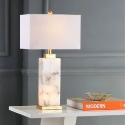 27.5" Elizabeth Alabaster Table Lamp (Includes LED Light Bulb) White/Gold - JONATHAN Y