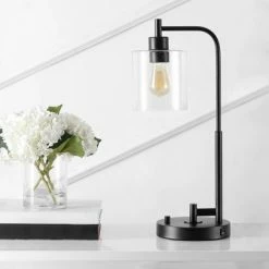 JONATHAN Y 23" Iron/Seeded Glass Axel Farmhouse Industrial Task Lamp (Includes LED Light Bulb) Black - JONATHAN Y